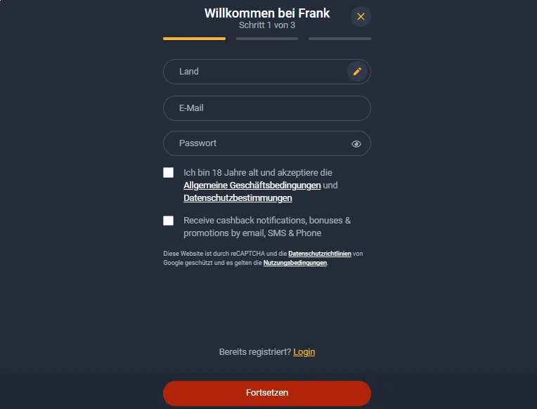 Wie kann man sic him Frank Casino anmelden?