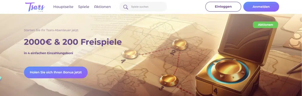 Hero banner for Tsars: promotes 2000โฌ and 200 free spins offer with treasure map visuals and a blue CTA button 'Holnen Sie sich Ihren Bonus jetzt' (informational hero).