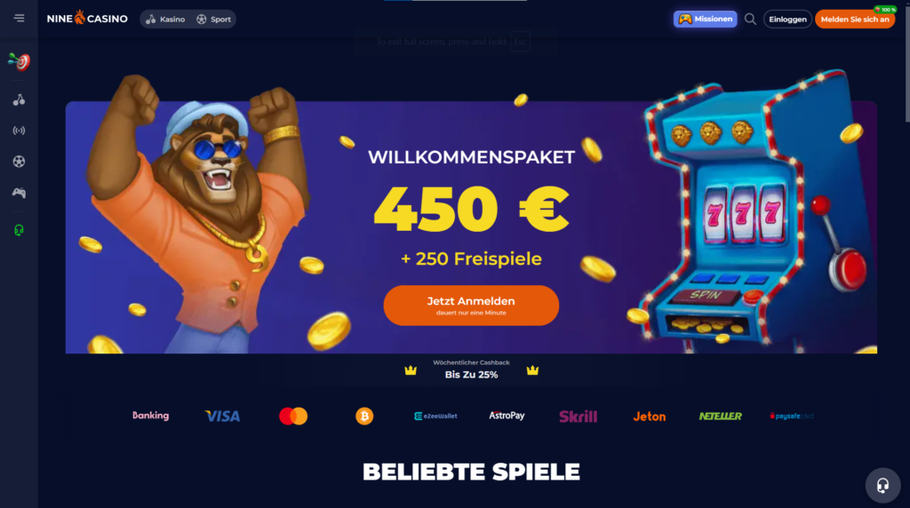 Informationen über den Willkommensbonus von Nine Casino