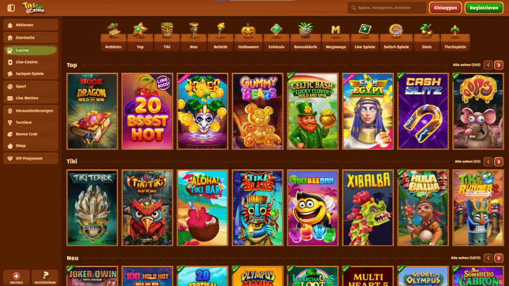 Übersicht der Spielautomaten bei Tiki Casino Deutschland
