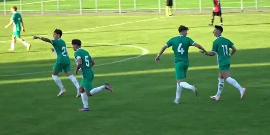 A group of green-uniform soccer players celebrate on a grassy field, holding hands as they walk together after a play (numbers 2, 5, 4, 11 visible).