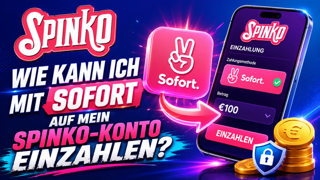 Spinko promo banner promoting 'Sofort' payments with a pink app tile, peace sign icon, and a smartphone showing a deposit screen with €100.