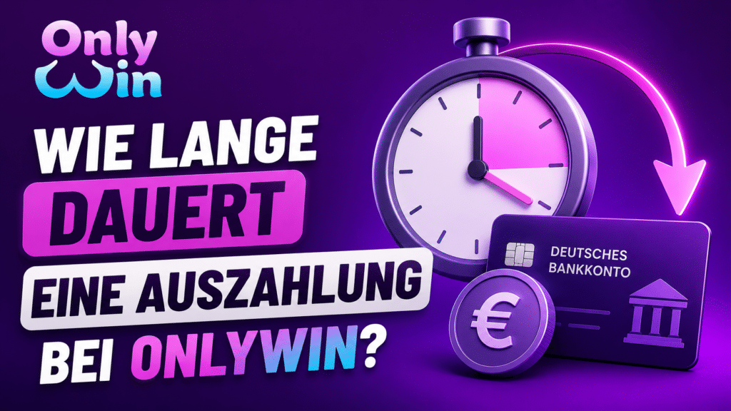 Banner asking how long a withdrawal takes at OnlyWin, with a stopwatch, a bank card and a euro coin on a purple background.