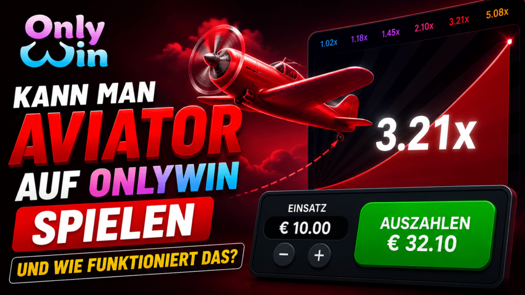 Promo banner for OnlyWin: red airplane, bold German headlines about Aviator and how it works, with a green payout button (€32.10) and €10 stake panel.