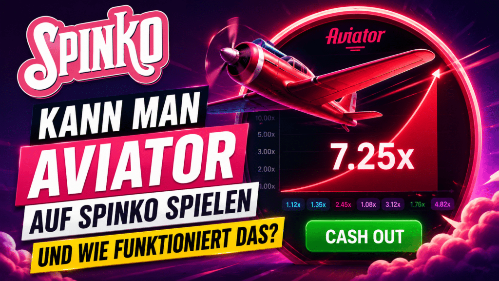 Neon-Werbebanner für Spinko mit rotem Aviator-Flugzeug, steigender Gewinnkurve und grünem Cash-Out-Button.