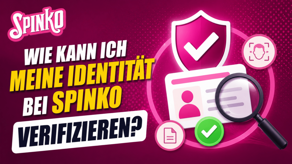 Spinko thumbnail: German title about verifying identity, with a pink shield, magnifying glass and ID card on a magenta background