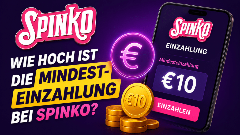 Spinko-Werbung in deutscher Sprache: Frage nach der Mindesteinzahlung, mit Euro‑Münzen und Smartphone‑Anzeige (€10).