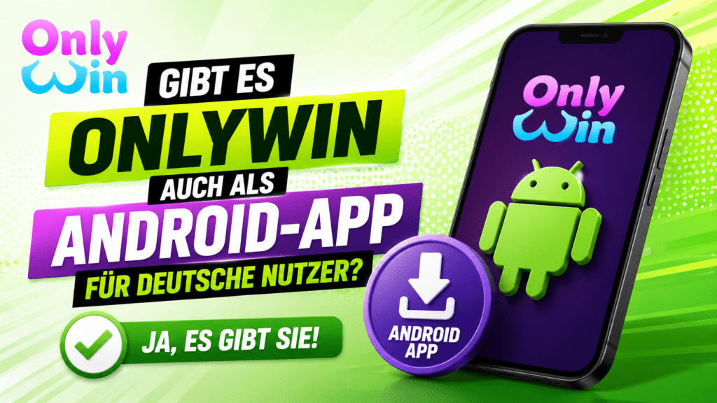 Promo banner advertising the OnlyWin Android app for German users, featuring a smartphone with the Android logo, bold green and purple headlines, and a download/checkbox motif.