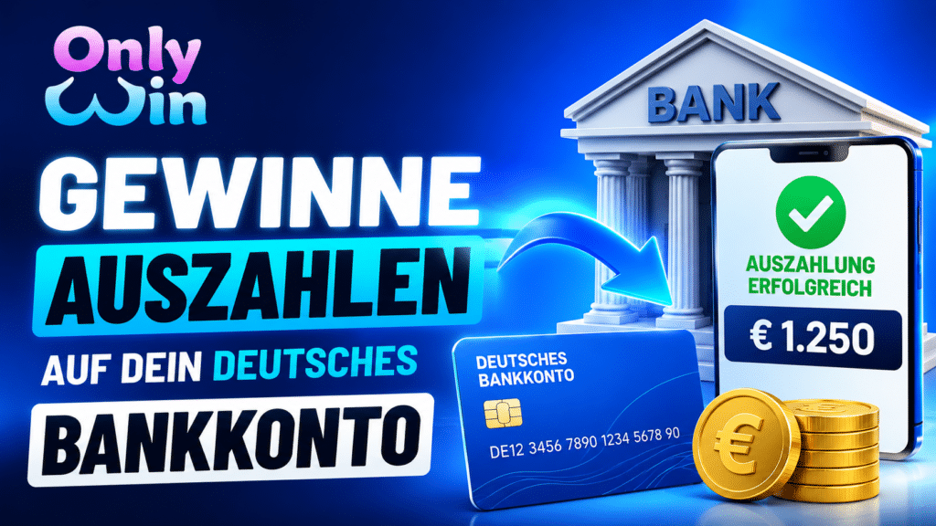 Werbung: Bankgebäude, Smartphone mit Auszahlung €1.250, Kreditkarte und Münzen – Auszahlung aufs Bankkonto.