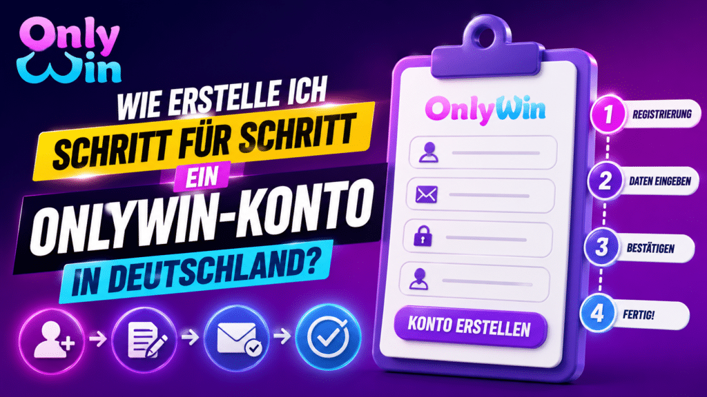 Werbebanner für OnlyWin: farbenfrohe Grafiken zeigen den Schritt-für-Schritt-Kontoerstellungsprozess (Registrierung, Daten eingeben, Bestätigen, Fertig) auf der rechten Seitenleiste.