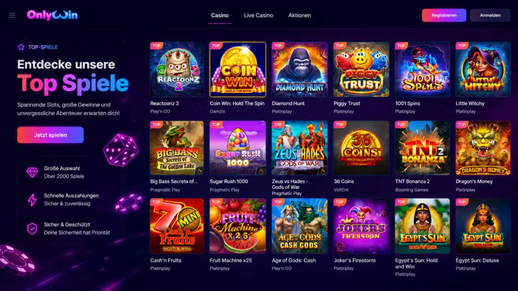Neon-themed online casino landing page with 'Entdecke unsere Top Spiele' and a 'Jetzt spielen' button, plus a grid of colorful game thumbnails on the right.
