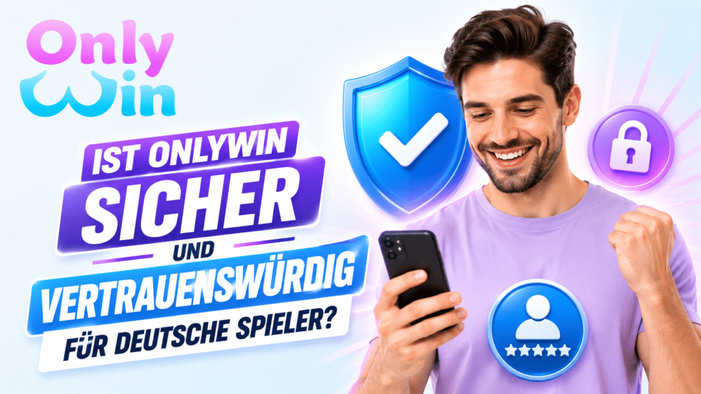 Promo banner for OnlyWin with a smiling man looking at his phone, surrounded by security icons and bold German text about safety for German players.