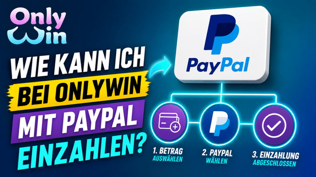 German promotional banner explaining how to pay with PayPal on OnlyWin: choose amount, select PayPal, deposit completed (Etappen: Betrag auswählen, PayPal wählen, Einzahlung abgeschlossen).