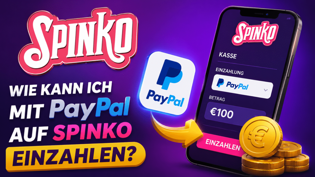 Spinko logo with bold German headline about paying with PayPal on Spinko, showing a PayPal card and coins on a purple background.