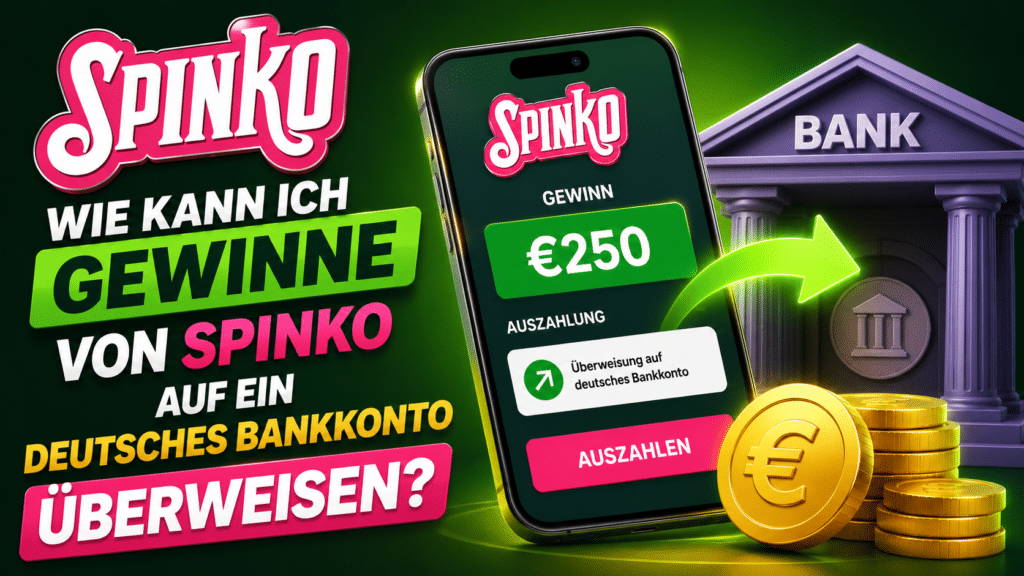 Bright promotional banner for the Spinko app showing a smartphone with a €250 payout badge, a bank building, and stacked coins; German text advertising winnings and transfers to a German bank account.