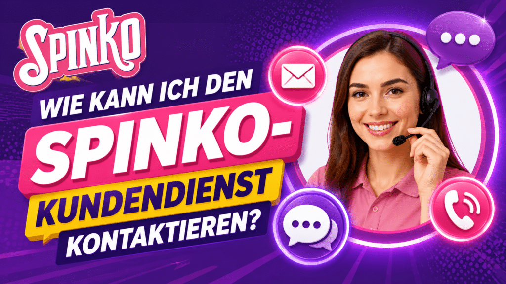 Promotional thumbnail featuring a smiling woman with a headset and neon icons, text asks how to contact the Spinko service? (German: Wie kann ich den Spinko-Dienst kontaktieren?)
