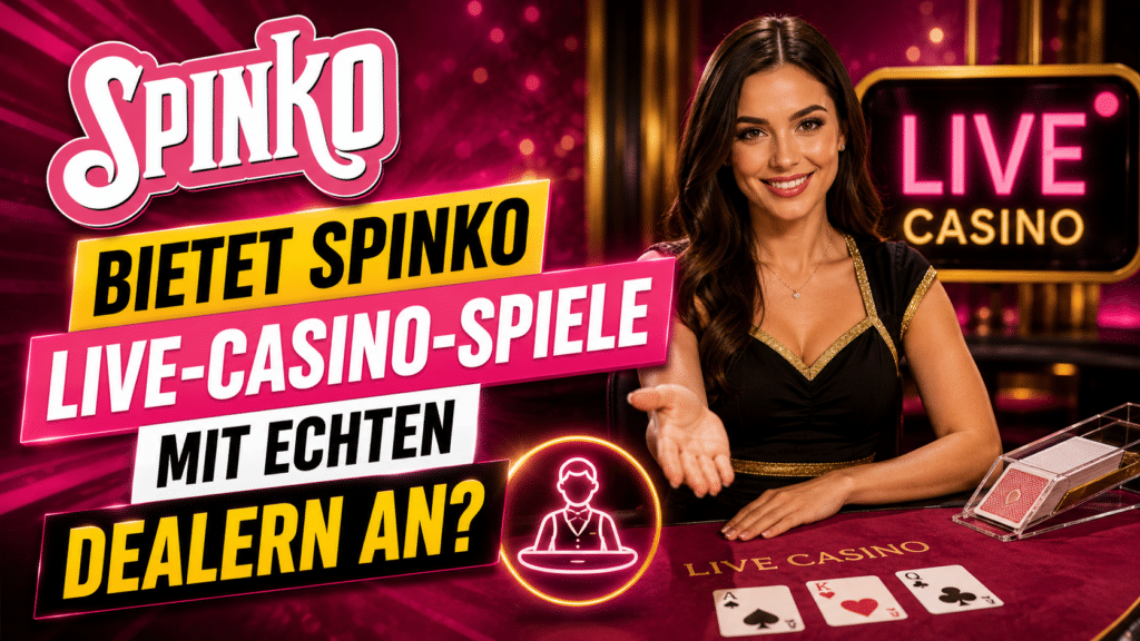 Smiling female live-dealer at a neon-pink casino promo banner advertising live casino games with real dealers.