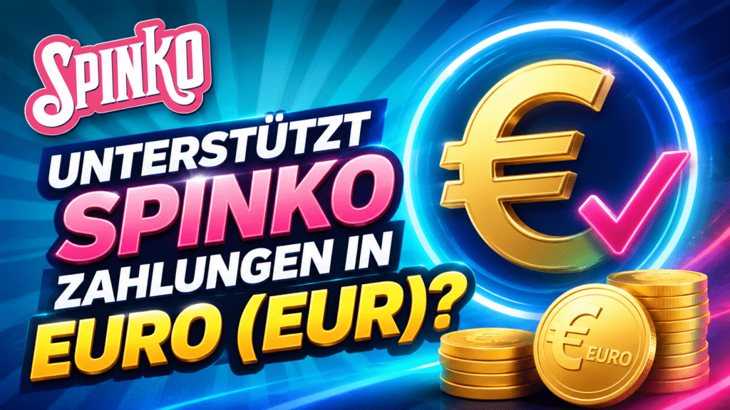 Promo banner: Spinko supports payments in Euro (EUR) with a large euro symbol and stacked coins in neon blue and gold accents.