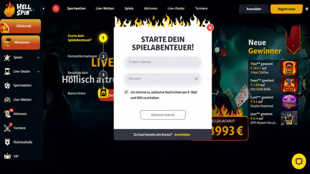 Signup modal centered on a dark casino site with email and password fields, a consent checkbox, and a 'Next step' button, obscuring the game background.