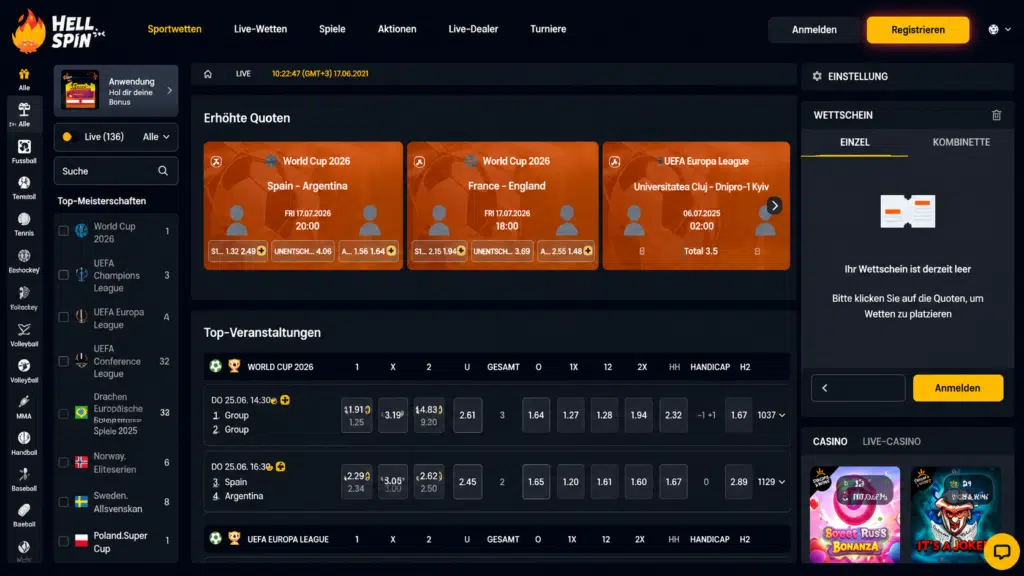 Dark-themed Hell Spin betting dashboard showing upcoming matches cards (World Cup 2026 SpainโArgentina; FranceโEngland; Universitatea Cluj) with orange cards and a left sport index bar, and a right betting slip panel placeholder.