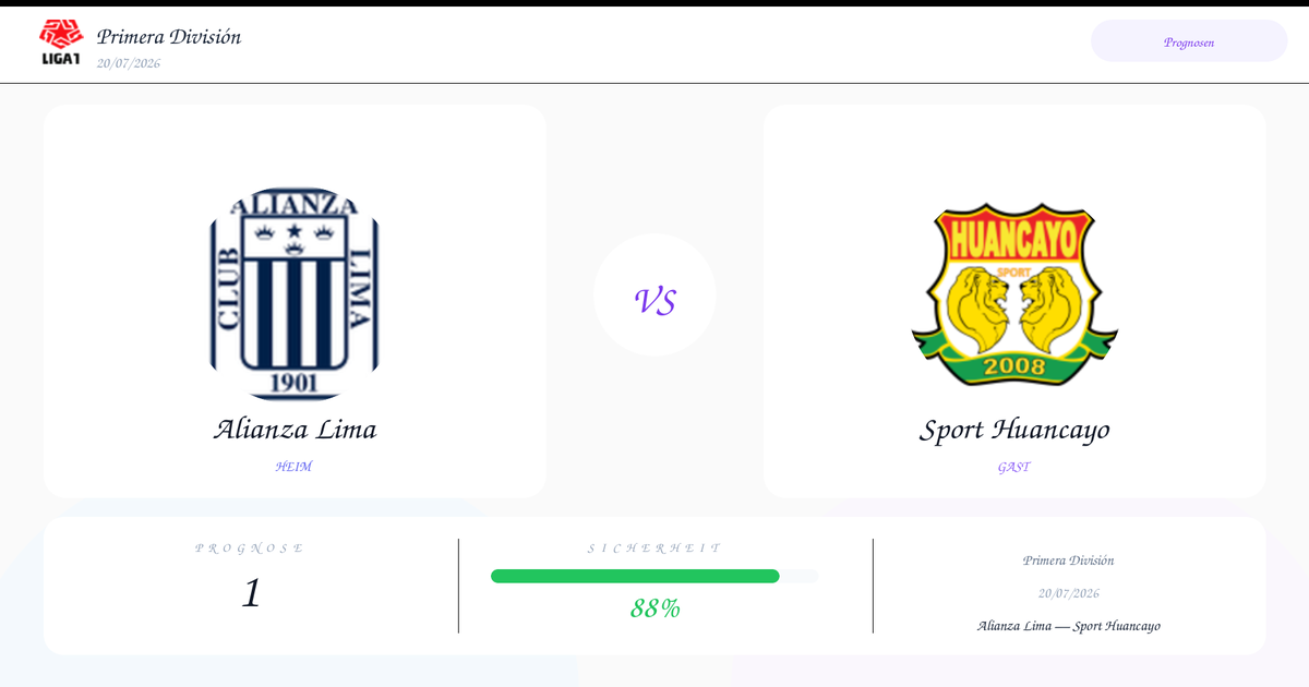 Matchup: Alianza Lima vs Sport Huancayo with a central 'VS' indicator and a summary prognosis bar beneath a light UI card layout.