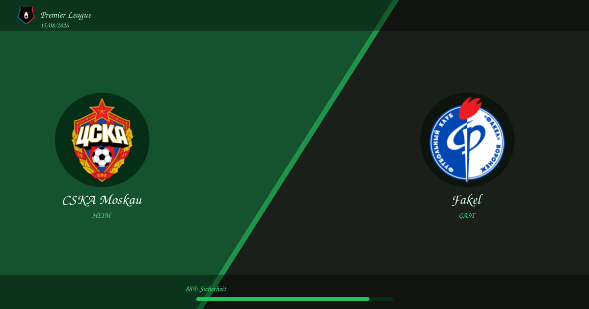Split-screen banner for a football match: CSKA Moscow on the left with crest, Fakel on the right with crest, green left panel and dark right panel separated by a diagonal divider.