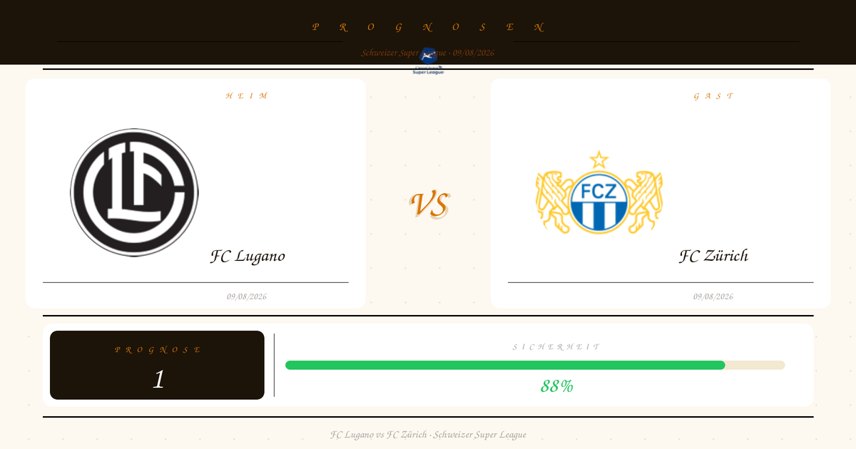 Homepage layout showing a match card: left FC Lugano logo and 'FC Lugano' with date, right FC Zürich logo and 'FC Zürich' with date, connected by a 'VS' in the center (Schweizer Super League). The lower section displays a prognosis and an 88% safety progress bar.