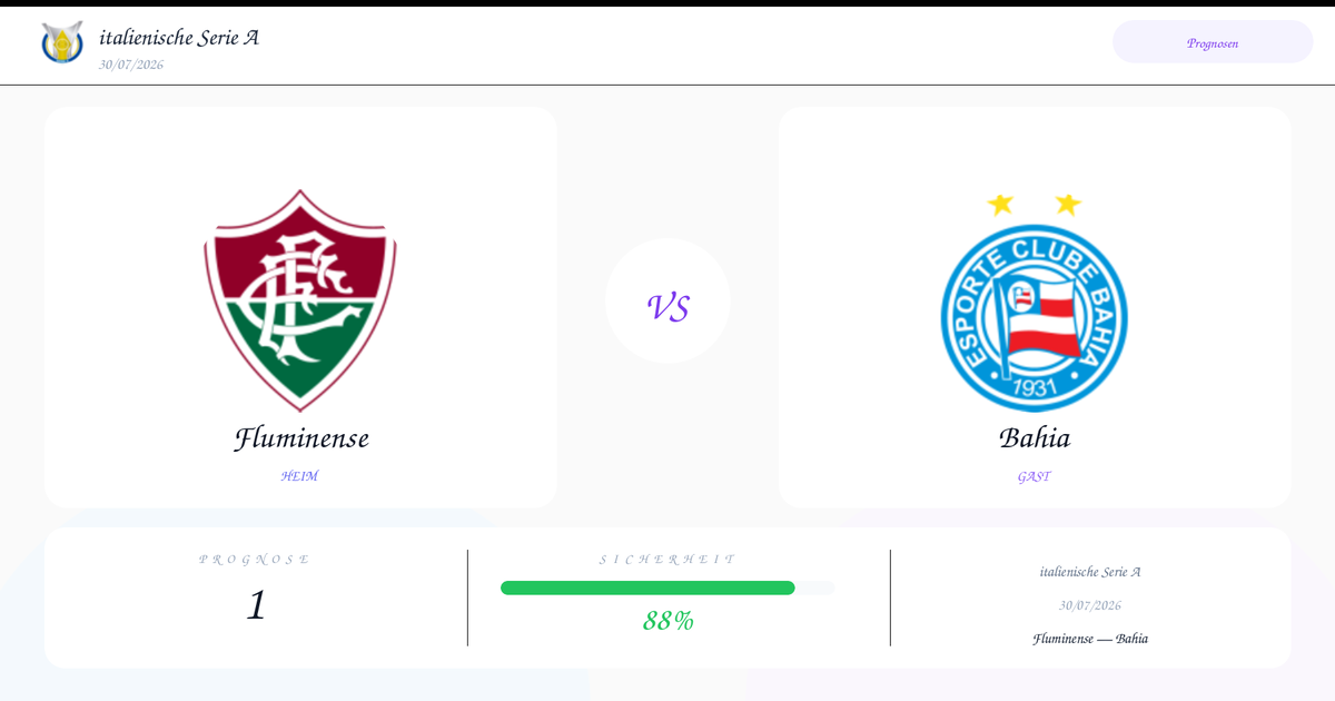 Match preview showing Fluminense vs Bahia with team crests on white panels and a central VS icon.