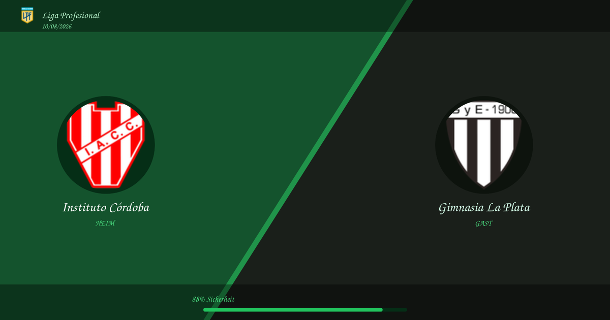 Split screen with two football club crests: Instituto Córdoba on the left and Gimnasia La Plata on the right, with their names beneath and a green loading bar at the bottom.