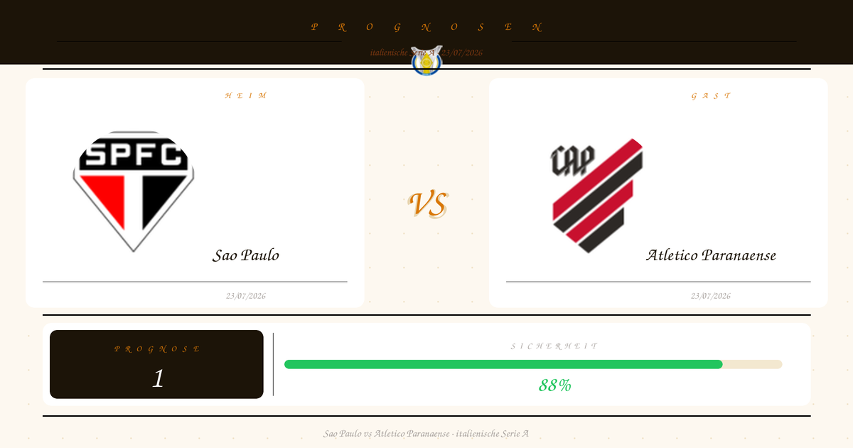 Match forecast page showing Sao Paulo vs Atletico Paranaense with team logos and a central VS, dated 23/07/2026, plus an 88% confidence progress bar.