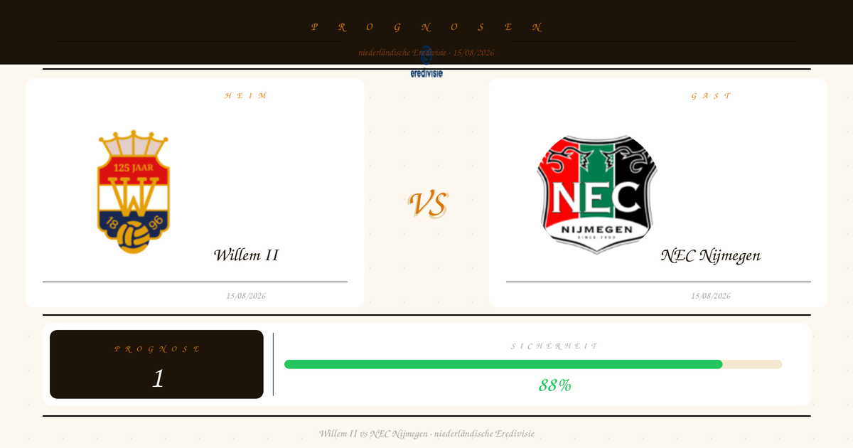 Pair of match cards: Willem II vs NEC Nijmegen with team logos, center VS, date 15/08/2026, prognosis 1, and an 88% safety bar.